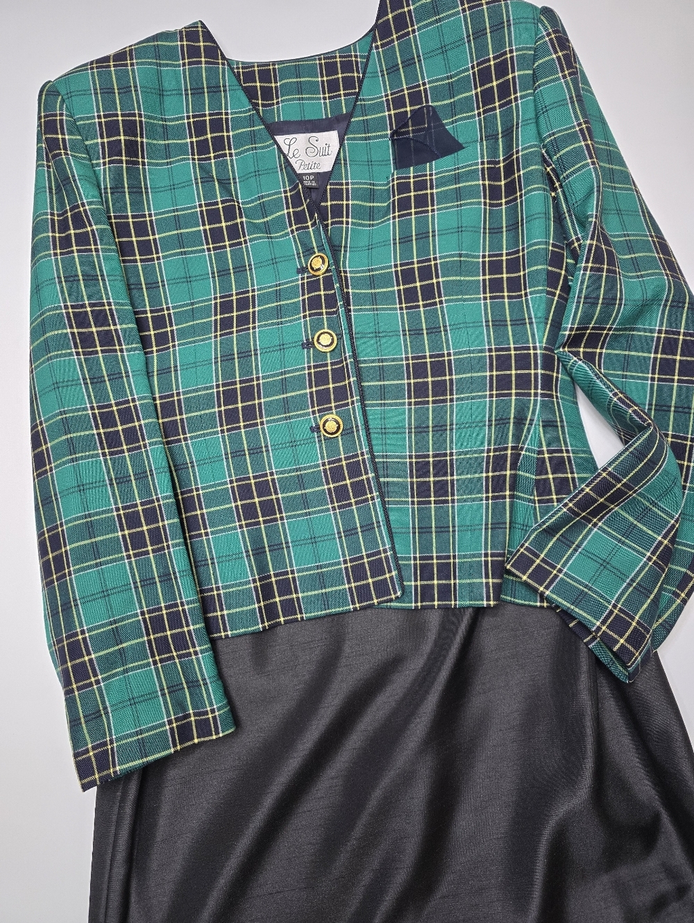 Le Suit Teal and Black Vintage Plaid Blazer And Skirt - Picture 1 of 7